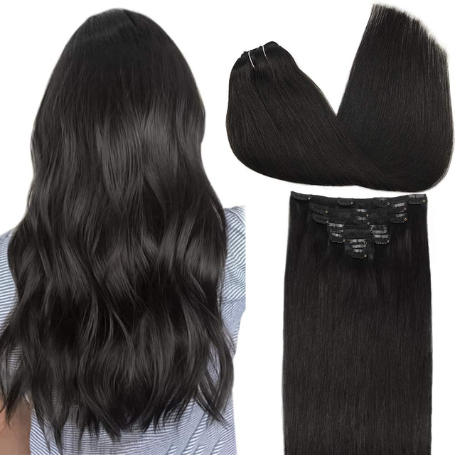 Hair Extensions Clip in Natural Black 24 Inch 120g 7pcs Human Hair Extensions Remy Natural Hair Real Straight Thick Weft