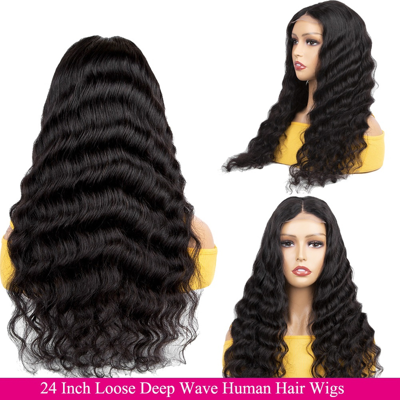 Loose Deep Wave 4x4 Lace Front Wigs Human Hair with Baby Hair Brazilian Virgin Hair Human Hair Wigs for Black Women 150% Density Swiss Lace Pre Plucked Natural Hairline 