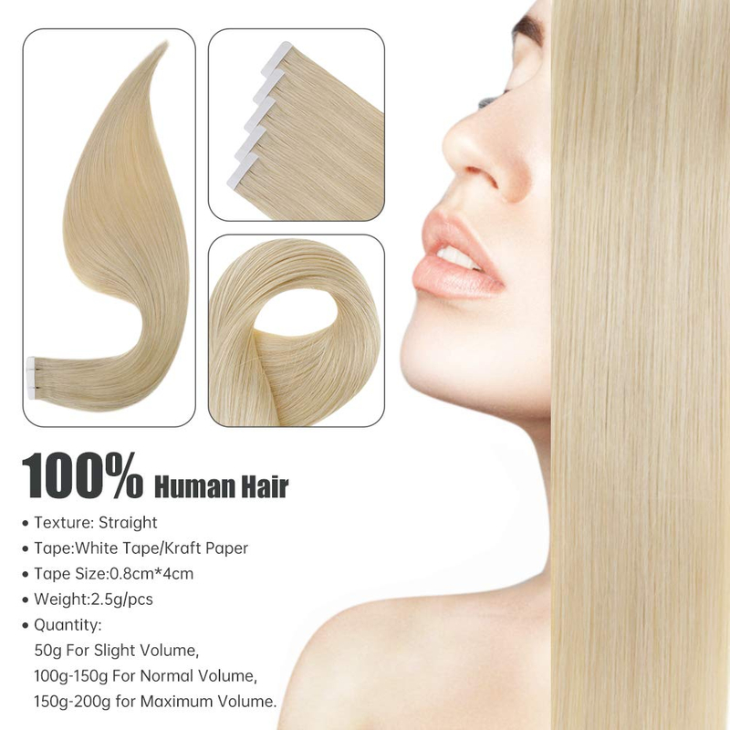 Tape in Hair Thick Ends Extension 12Inch Double Sided Hair Extension Color 613 Bleach Blonde Skin Weft Real Tape Hair Extensions Tape Human Hair Extensions 100% Real Hair Seamless Hair