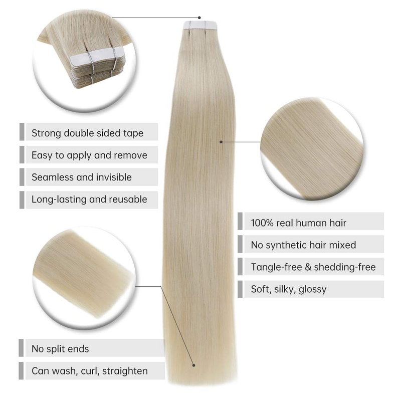 Tape Hair Extensions Brazilian Real Human Hair Color 60 Platinum Blonde Seamless Skin Weft Tape ins 20 Pcs Pu Tape in Hair Extension American White Tape Adhesive in Extensions 50 Grams