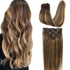 Human Hair Extensions Clip in Ombre Chocolate Brown To Caramel Blonde 14 Inch 7pcs 120g Straight Remy Clip in Hair Extensions Real Natural Hair Extensions