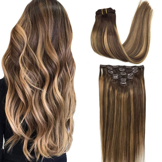 Human Hair Extensions Clip in Ombre Chocolate Brown To Caramel Blonde 14 Inch 7pcs 120g Straight Remy Clip in Hair Extensions Real Natural Hair Extensions