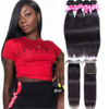 Straight Human Hair 3 Bundles with 4X4 Lace Closure 10 12 14 +8