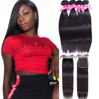 Straight Human Hair 3 Bundles with 4X4 Lace Closure 10 12 14 +8