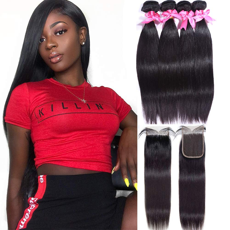 Straight Human Hair 3 Bundles with 4X4 Lace Closure 10 12 14 +8