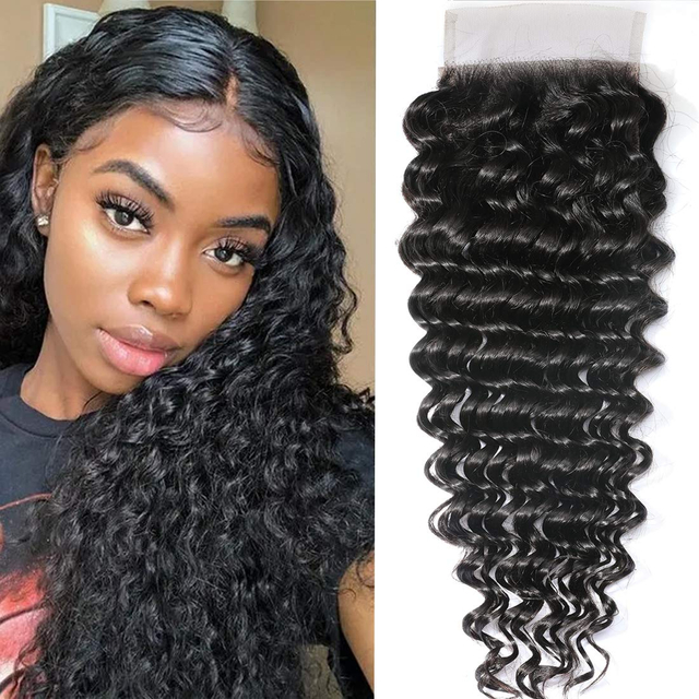  Brazilian Virgin Hair Deep Wave 4x4 Lace Closure Free Part Natural Color (10inch)