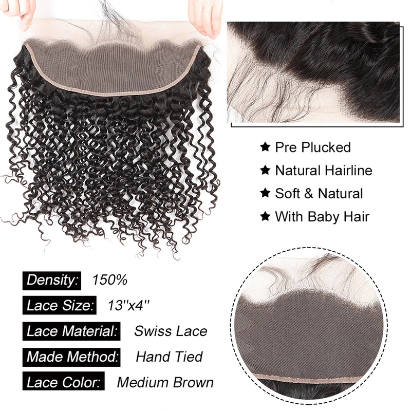 10A Brazilian Virgin Hair Curly Wave 13x4 Lace Frontal with Baby Hair Free Part Unprocessed Human Hair Natural Black